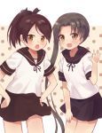  &gt;:o 2girls :d :o anchor_symbol ayanami_(kantai_collection) bare_legs black_hair black_necktie black_skirt brown_eyes brown_hair brown_skirt commentary_request eyebrows eyebrows_visible_through_hair hair_ribbon highres kantai_collection long_hair long_ponytail multiple_girls narumi_midori necktie open_mouth ponytail ribbon school_uniform serafuku shikinami_(kantai_collection) short_sleeves skirt smile upper_body very_long_hair waving_arm 