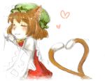  brown_hair cat_ears cat_tail chen closed_eyes earrings hat heart heart_tail jewelry katsufuki multiple_tails short_hair tail touhou 