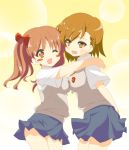  breast_press breasts brown_eyes brown_hair fuguno hug misaka_mikoto multiple_girls school_uniform shirai_kuroko short_hair symmetrical_docking to_aru_kagaku_no_railgun to_aru_majutsu_no_index twintails wink 