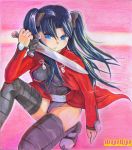  archer_(cosplay) bad_id black_hair blue_eyes cosplay fate/stay_night fate_(series) mayo_riyo solo sword thigh-highs thighhighs tohsaka_rin toosaka_rin twintails weapon 