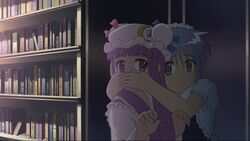  cap hat izayoi_sakuya jpeg_artifacts maikaze patchouli_knowledge ribbon ribbons screencap touhou touhou_musou_kakyou 