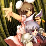  animal_ears bamboo bamboo_forest brown_eyes brown_hair bunny_ears bunny_tail carrot carrots carrying ear_grab fang forest inaba_tewi lavender_hair multiple_girls nature noya rabbit_ears red_eyes reisen_udongein_inaba riding shoulder_carry tail touhou 