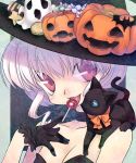  candy cat cookie food food_themed_clothes ghost gloves halloween hat jack-o'-lantern jack-o-lantern lavender_hair lollipop mitake_eiru original pink_eyes pumpkin pumpkins ribbon ribbons witch witch_hat 