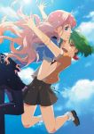  blue_eyes gen_(enji) green_hair hand_on_another's_face hand_on_face jumping long_hair macross macross_frontier multiple_girls open_mouth outstretched_arms pantyhose pink_hair ranka_lee red_eyes school_uniform sheryl_nome short_hair skirt sky smile wink 