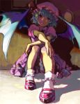  bad_id bat_wings bloomers blue_hair bobby_socks foreshortening hat head_tilt legs lips mary_janes muted_color red_eyes remilia_scarlet ribbon ribbons shoes short_hair sitting socks taira touhou wings 