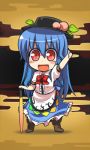 blue_hair chibi food fruit hat hinanawi_tenshi leaf long_skirt lowres mamo open_mouth peach red_eyes skirt smile solo sword sword_of_hisou thumbs_up touhou weapon