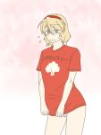  bad_id blonde_hair blue_eyes bottomless clothes_writing hairband no_pants panties short_hair striped striped_panties t-shirt torinone touhou translated translation_request underwear 