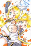  back_to_back hand_holding holding_hands kagamine_len kagamine_rin mitsuki_meiya siblings touhou twins vocaloid wink 