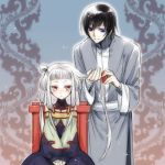  black_hair chinese_clothes code_geass combing combing_hair lelouch_lamperouge lowres purple_eyes red_eyes short_hair tianzi violet_eyes white_hair 