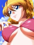  blonde_hair blue_eyes breasts cleavage excellen_browning lowres super_robot_wars swimsuit yadokari_genpachirou 