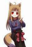  ahoge animal_ears brown_hair holo long_hair red_eyes shiden smile spice_and_wolf tail wolf_ears 