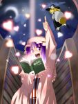  arm_up bad_id blonde_hair blush book bookshelf broom broom_riding ceiling crescent crescent_moon danmaku dress happy hat heart highres kirisame_marisa library looking_back moon multiple_girls open_mouth orga_(pixiv) organ_derwald patchouli_knowledge pointing purple_eyes purple_hair raised_hand reading ribbon ribbons sack skirt smile touhou violet_eyes voile witch_hat 