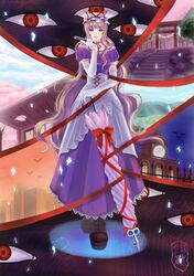  blonde_hair cherry_blossoms cityscape elbow_gloves eyes gap gloves kannagara_kanagi petals ribbon ribbons scarlet_devil_mansion torii touhou umbrella yakumo_yukari 