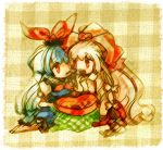  bad_id eating food fujiwara_no_mokou hair_ribbon hair_ribbons hat kamishirasawa_keine long_hair multiple_girls ribbon ribbons ruto_(petatann) touhou 