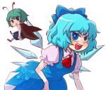  antennae bow cape cirno green_hair hair_bow ice kty_(04) kty_(pixiv) lowres multiple_girls open_mouth touhou wings wriggle_nightbug 