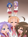  alternate_hairstyle closed_eyes hiiragi_kagami hiiragi_tsukasa izumi_konata kusakabe_misao lucky_star minegishi_ayano ribbon ribbons school_uniform serafuku smile 