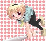  blonde_hair blush dress fang hairband higurashi_no_naku_koro_ni houjou_satoko pantyhose red_eyes sailor_dress short_hair 