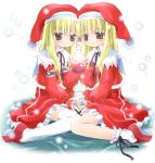  blonde_hair brown_eyes child christmas cross hat multiple_girls santa_hat siblings snow socks thigh-highs thighhighs twins 