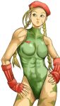  bare_shoulders beret blonde_hair blue_eyes braid breasts cammy_white capcom fingerless_gloves gloves hat leotard long_hair muscle street_fighter street_fighter_ii twin_braids 