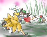  :d animal_ears bamboo bamboo_forest bit bunny_ears cart cat_ears cat_tail chen closed_eyes dress forest fox_tail hat hug inaba_tewi kaenbyou_rin multiple_girls multiple_tails nature open_mouth shoes short_hair smile tail touhou yakumo_ran 