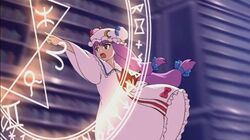  cap gibberish library magic_circle maikaze patchouli_knowledge ribbon ribbons royal_flare runes screencap touhou touhou_musou_kakyou voile zodiac 