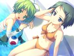  bikini dutch_angle eyeball green_eyes green_hair multiple_girls orange_bikini pool purple_eyes short_hair swimsuit violet_eyes wiz_anniversary 