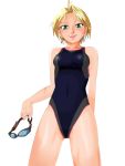  bad_id blonde_hair competition_swimsuit goggles green_eyes king_(snk) king_of_fighters one-piece_swimsuit short_hair swimsuit 