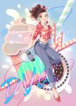  1girl alternate_costume artist_name behind_back belt blue_background blue_pants breasts brown_eyes brown_hair buttons character_name checkered_shirt cleavage closed_mouth collared_shirt crop_top cruiser_d.va cupcake d.va_(overwatch) denim doughnut drinking_straw earrings food full_body hair_ribbon hair_up headphones highres holding hoop_earrings jeans jewelry looking_at_viewer midriff neck_ribbon oversized_object overwatch pants peyo_han pink_ribbon ponytail red_shirt red_shoes ribbon shirt shoes skateboard skateboard_behind_back sleeves_folded_up smile solo sprinkles stomach tied_shirt white_belt white_ribbon 