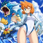 ;d blue_eyes blue_sky breasts clouds covered_navel day groin gyarados gym_leader hand_on_hip highleg highleg_swimsuit jacket kasumi_(pokemon) looking_at_viewer ocean one-piece_swimsuit one_eye_closed open_clothes open_jacket open_mouth orange_hair pokemoa pokemon pokemon_(game) pokemon_hgss psyduck short_hair sky smile starmie swimsuit teeth water waves 
