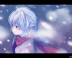  1girl blush kishin_sagume letterboxed looking_away red_eyes scarf short_hair sisikuku snow snowing solo touhou white_hair winter 