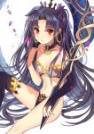  1girl absurdres artist_request bare_shoulders black_hair black_legwear blush breasts cleavage crown earrings fate/grand_order fate_(series) hair_ribbon highres ishtar_(fate/grand_order) jewelry long_hair red_eyes ribbon single_thighhigh sitting solo thigh-highs tohsaka_rin weapon 