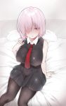  1girl bed_sheet black_dress black_legwear blush breasts covered_navel dress erect_nipples fate/grand_order fate_(series) hair_over_one_eye highres large_breasts looking_at_viewer mitsudoue necktie on_bed open_mouth pantyhose purple_hair red_necktie shielder_(fate/grand_order) short_dress short_hair sitting sleeveless solo violet_eyes 