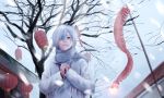  1girl alternate_costume blue_eyes blue_hair blush fireworks hair_over_one_eye hands_clasped highres jacket lantern paper_lantern re:zero_kara_hajimeru_isekai_seikatsu rem_(re:zero) scarf shenhaixun short_hair snow snowing tree winter 