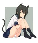  1girl animal_ears black_eyes black_hair black_legwear blue_sailor_collar blue_skirt braid brown_eyes cat_ears cat_tail hair_between_eyes isonami_(kantai_collection) kantai_collection kugui_kiyunemu long_hair no_shoes panties pantyshot pantyshot_(sitting) pleated_skirt school_uniform serafuku sidelocks sitting skirt socks solo tail underwear white_panties 