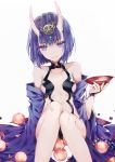  1girl breasts closed_mouth cup dangmill fate/grand_order fate_(series) oni_horns purple_hair revealing_clothes sakazuki short_hair shuten_douji_(fate/grand_order) sitting small_breasts smile solo violet_eyes 