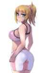  1girl ass bare_shoulders bike_shorts blonde_hair blue_eyes blush breasts erect_nipples gundam gundam_build_fighters gundam_build_fighters_try hevn hoshino_fumina large_breasts light_smile long_hair looking_at_viewer looking_back ponytail sideboob simple_background smile solo standing tight white_background 