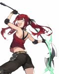  axe black_gloves black_pants crazy_eyes cz-75_(girls_frontline) duoyuanjun elbow_pads fighting_stance girls_frontline gloves highres pants red_clothes redhead tank_top twintails weapon 