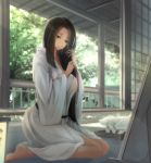 1girl architecture barefoot black_hair brown_eyes east_asian_architecture expressionless indoors japanese_clothes kikivi kneeling long_hair original sliding_doors solo tree 
