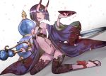  1girl breasts cup fate/grand_order fate_(series) holding holding_cup horns japanese_clothes kimono looking_at_viewer navel oni oni_horns open_mouth petals purple_hair sakazuki sandals sanshouuo short_hair shuten_douji_(fate/grand_order) sitting small_breasts smile solo sword violet_eyes wariza weapon 