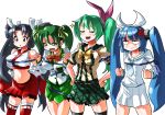  4girls black_hair bound breasts cusco_(company) green_eyes green_hair hair_ribbon kotobuki_bukiko kotobukiya large_breasts lineup long_hair mascot multiple_girls neckerchief nipa-ko nontraditional_miko pleated_skirt rei_no_himo ribbon school_uniform serafuku side_ponytail skirt small_breasts takasaki_kusuko tears thigh-highs tied_up twintails ultimate_nipper 