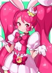  1girl animal_ears blush cake_hair_ornament choker cowboy_shot cure_whip earrings extra_ears food food_themed_hair_ornament fruit gloves grin hair_ornament highres jewelry kirakira_precure_a_la_mode long_hair looking_at_viewer magical_girl neko_(user_szgu8527) open_mouth pink_eyes pink_hair precure rabbit_ears shrug simple_background skirt smile solo strawberry twintails usami_ichika very_long_hair white_gloves 