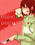 black_sclera brown_hair chara_(undertale) english_text flowey_(undertale) holding_knife knife red_eyes redhead undertale weapon white_pupils