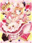  1girl artist_request blue_eyes blueberries boots bows cakes chef_hat colorful_background cookies cupcakes dress female_focus frills gloves hair_between_eyes hair_clips headband kagamine_rin looking_at_viewer puffy_short_sleeves short_hair solo stockings strawberries stripe_legwear sweet_magic_(song) tagme vocaloid whisk winking 