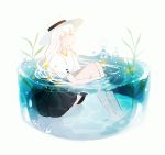  1girl artist_name barefoot black_skirt blouse hat leg_hug looking_to_the_side original partially_submerged short_sleeves signature simple_background skirt solo sun_hat tofuvi water_drop white_background white_blouse white_hair white_hat 