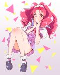  1girl :o akagi_towa blush drill_hair go!_princess_precure hairband hands_on_own_face highres long_hair looking_at_viewer mary_janes meranoreuka_(pandapaca) neck_ribbon no_panties noble_gauken_uniform open_mouth precure redhead ribbon school_uniform shoes simple_background sitting skirt socks solo suspender_skirt suspenders thighs yellow_eyes 