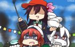  3girls :d baseball_cap beret bowl braid cannon commentary_request crescent crescent_moon_pin enemy_aircraft_(kantai_collection) escort_hime etorofu_(kantai_collection) hair_ornament hamu_koutarou hat highres horn kantai_collection kisaragi_(kantai_collection) long_hair multiple_girls open_mouth red_eyes remodel_(kantai_collection) sailor_collar shaded_face shinkaisei-kan smile smoke violet_eyes white_hair white_skin 