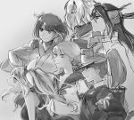  6+girls bangs breasts choker closed_eyes coat collared_shirt commentary_request eyebrows_visible_through_hair fang glasses greyscale hair_between_eyes hair_ribbon headgear highres hiryuu_(kantai_collection) i-19_(kantai_collection) japanese_clothes kantai_collection kariginu kimono long_hair long_sleeves looking_to_the_side machinery magatama monochrome multiple_girls musashi_(kantai_collection) nagato_(kantai_collection) neck_ribbon oboro_(kantai_collection) one-piece_swimsuit one_side_up pointy_hair remodel_(kantai_collection) ribbon ribbon-trimmed_sleeves ribbon_trim rigging ryuujou_(kantai_collection) school_swimsuit school_uniform scroll serafuku shirt short_hair short_sleeves simple_background smile swimsuit tama_wo tasuki tri_tails twintails upper_body visor_cap 