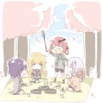  &gt;:d &gt;_&lt; 4girls :d ^_^ ahoge bafarin bat_hair_ornament blanket blonde_hair blue_eyes blush_stickers bottle casual cherry_blossoms chopsticks closed_eyes cross cross_hair_ornament cross_necklace cup fang gabriel_dropout hair_ornament hair_rings hanami happy highres hood hoodie inverted_cross jewelry jitome kurumizawa_satanichia_mcdowell lavender_hair multiple_girls necklace obentou open_mouth picnic plate profile purple_hair redhead shiraha_raphiel_ainsworth smile sweater tenma_gabriel_white tree tsukinose_vignette_april water_bottle 