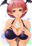  1girl between_breasts bikini bikini_top black_bikini blush breasts collarbone commentary_request demon_girl demon_wings dotted_background eyebrows_visible_through_hair food food_on_body food_on_face front-tie_top hand_on_own_chest highres ice_cream large_breasts layered_bikini looking_at_viewer maru-pen original pointy_ears redhead short_hair solo succubus swimsuit tan tanline tongue tongue_out upper_body wings 