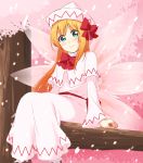  1girl absurdres arms_at_sides bangs blonde_hair blue_eyes blush bow bowtie capelet cherry_blossoms closed_mouth dress eyebrows_visible_through_hair fairy_wings hair_bow hat highres in_tree ksk_(semicha_keisuke) light_particles lily_white long_hair long_sleeves looking_at_viewer outdoors pink_dress pink_hat red_bow red_bowtie shiny shiny_hair sitting sketch smile solo straight_hair tareme touhou transparent_wings tree tree_branch very_long_hair wings 